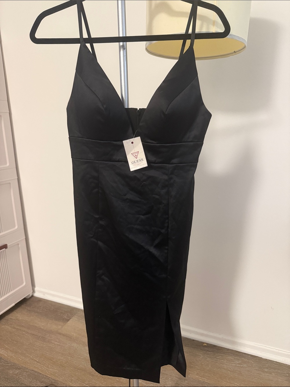GUESS Black Midi V-Neck Spaghetti Strap Dress
